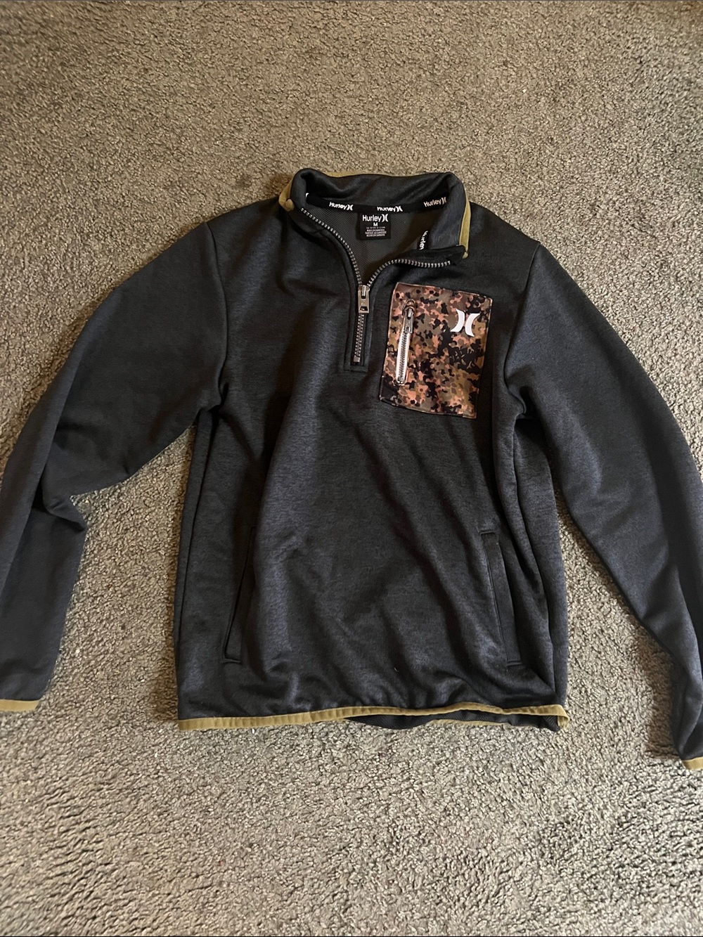 Hurley Kids Medium Charcoal Zip-Up Pullover with Camo Chest Pocket